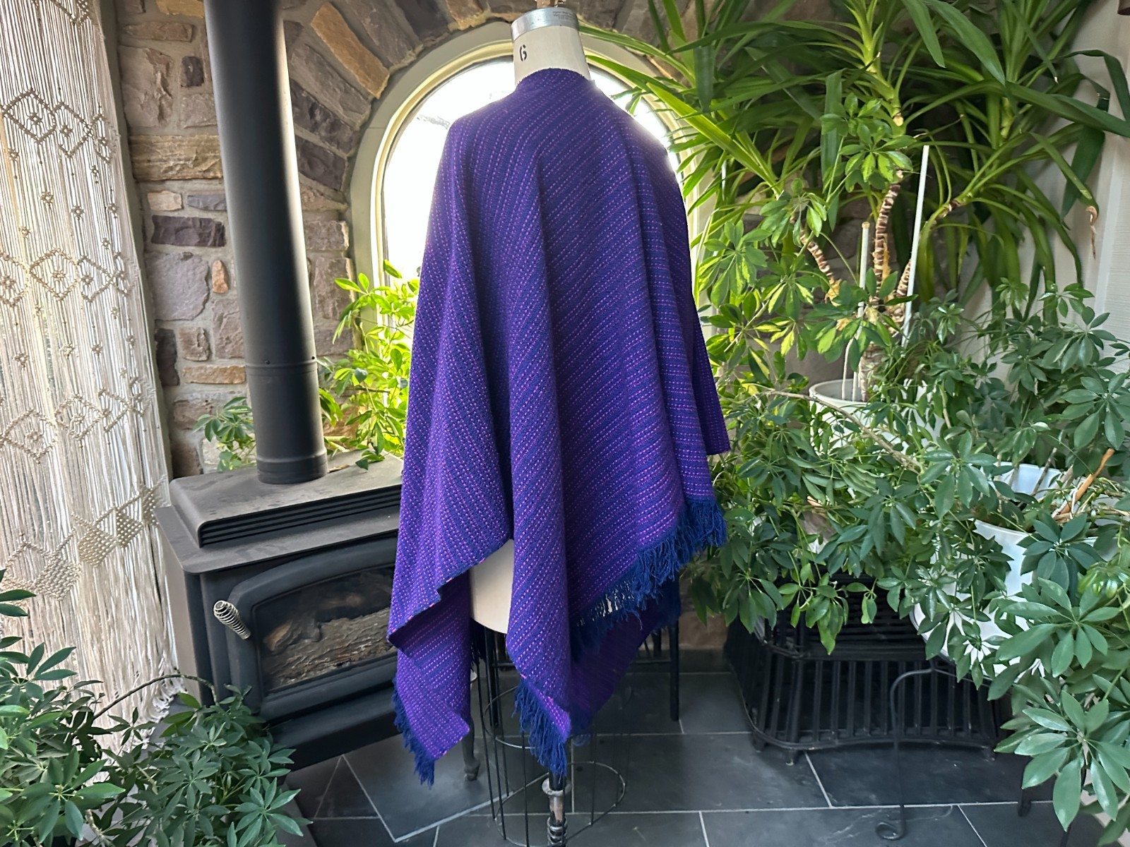 Vintage Bohemian Blue and Pink Hand Woven Stripe Wool Poncho Cape Shawl