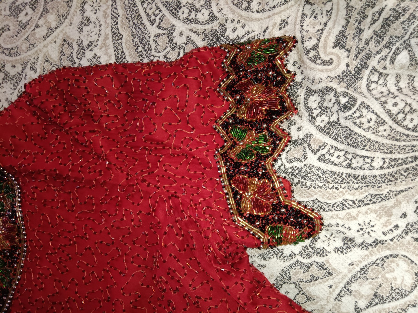 vintage Laurence Kazar red silk beaded and sequined holiday top XL