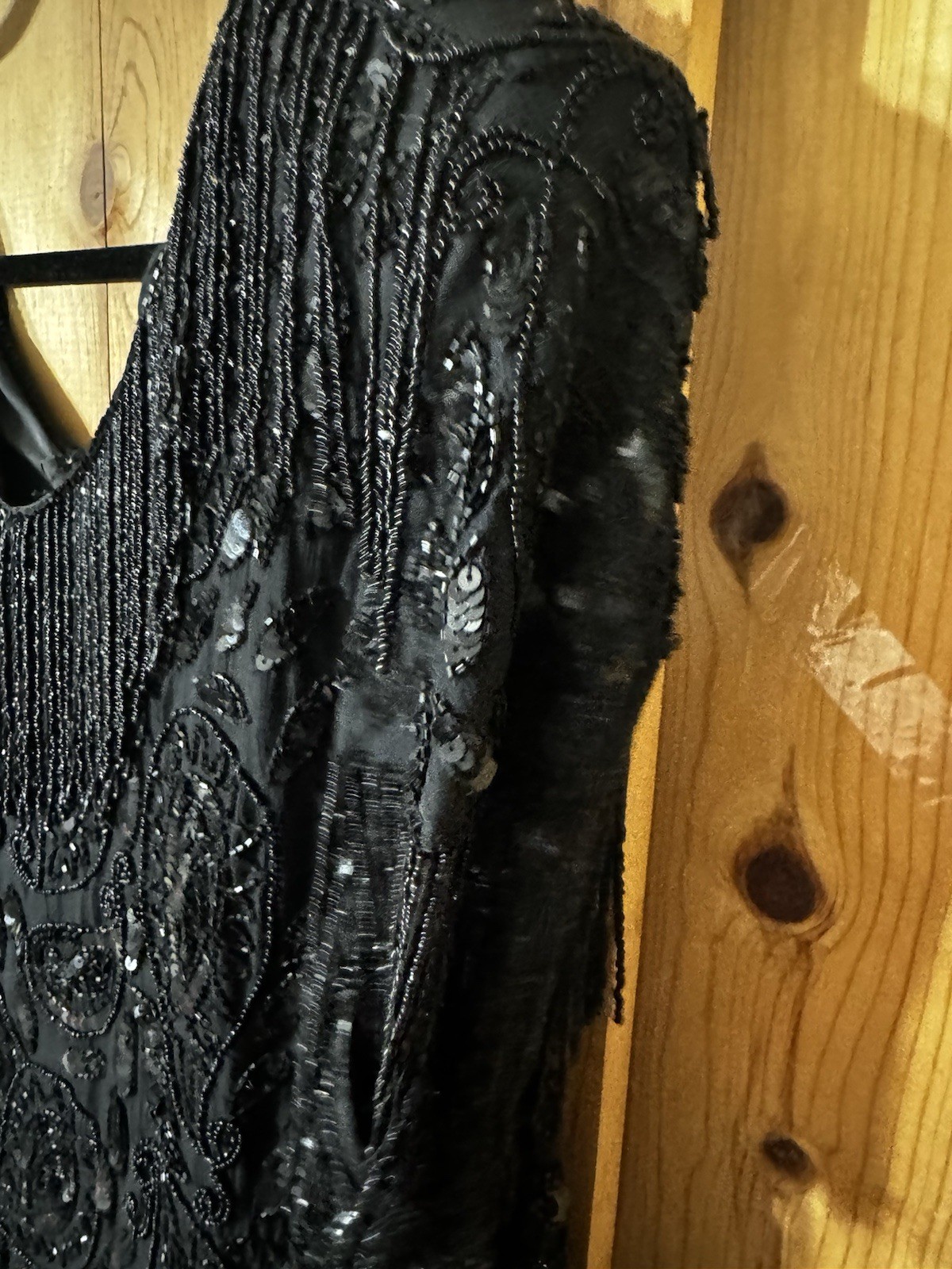 Mid 1990’s Black Tan Chho Sequinned & Beaded Dress with Fringe 2X BUST 44-48”