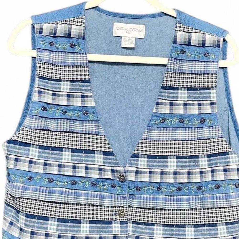 Vintage Up-Cycled Embroidered Chambray Union Bag Denim Vest Sz Medium