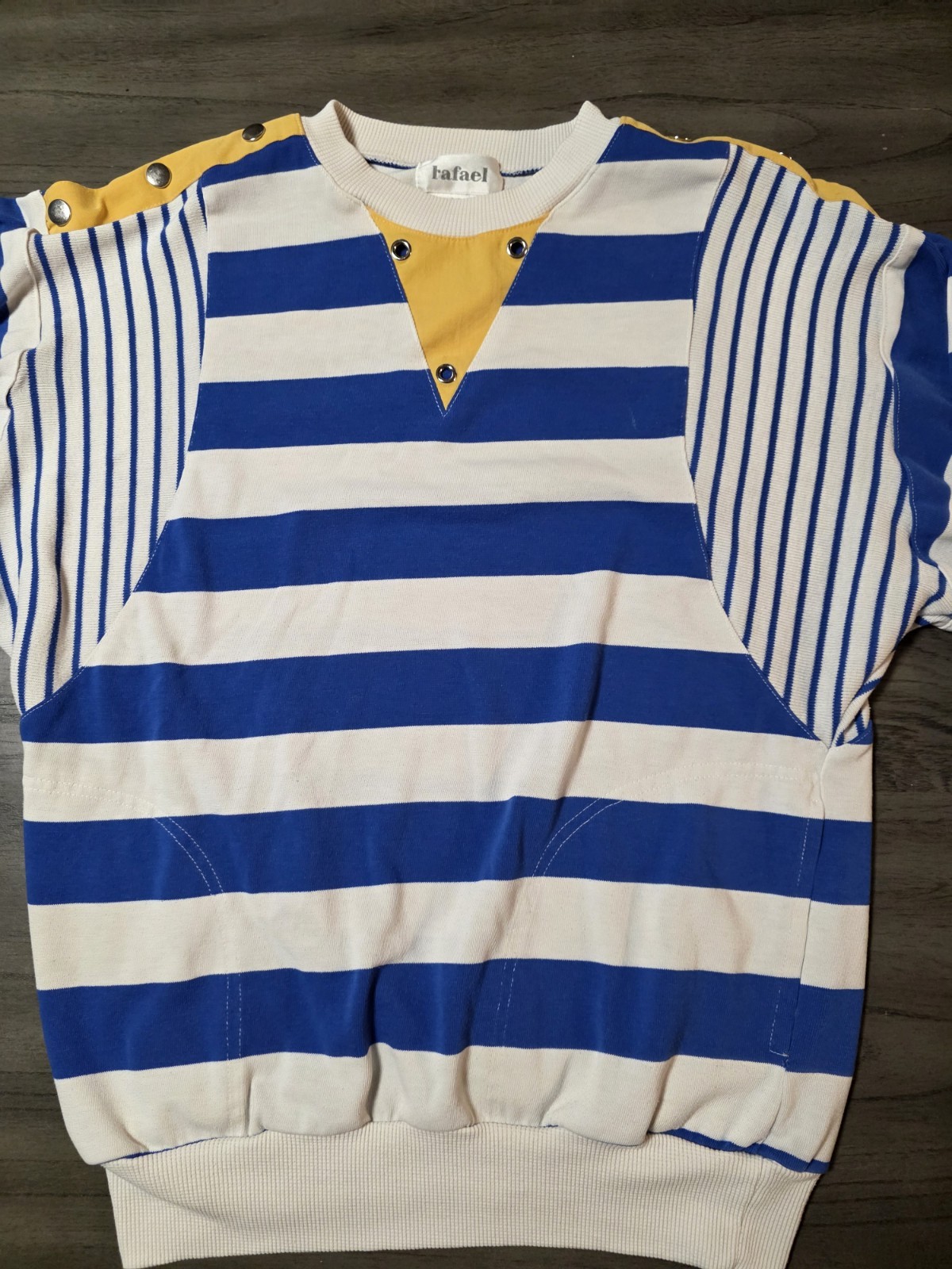 Vntg Rafael Women’s Shirt Blue & White Stripe, Yellow, Metal Buttons Size Small