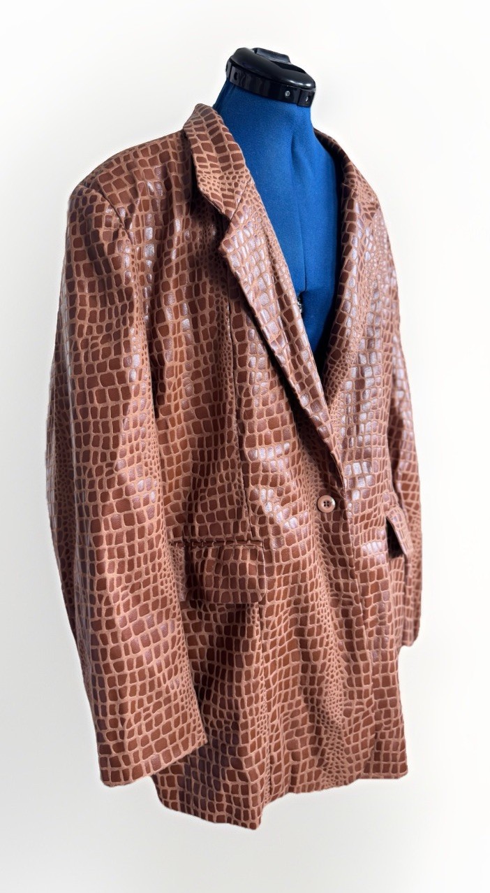 Vintage 90s Selene brown faux patent leather Mod giraffe print blazer jacket 2X