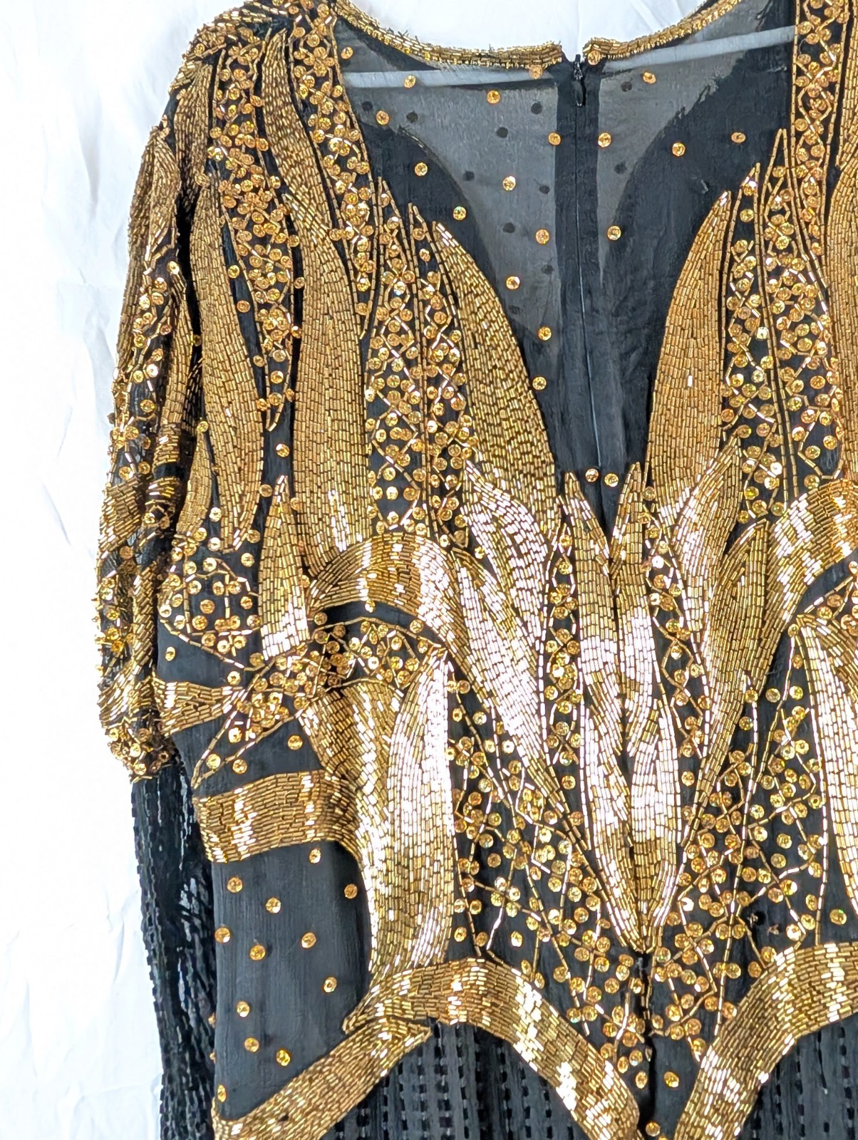 Vtg Landmark Silk Beaded Gown XL, Black Gold Sequin Maxi Dress, Flapper READ
