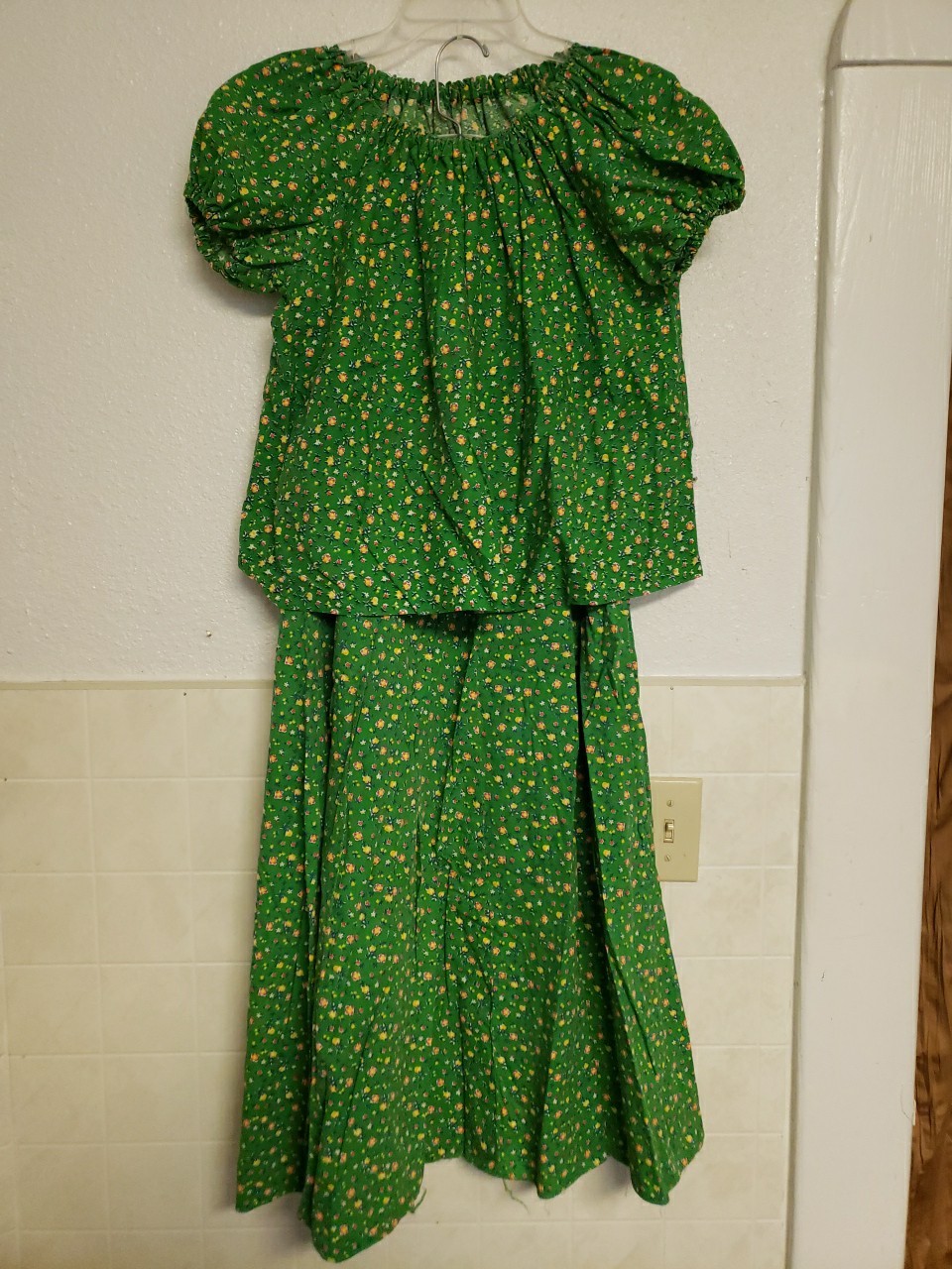 Vtg 1970s Floral Top Skirt Set Dress Small Hippy Prairie Handmade Green Peasant