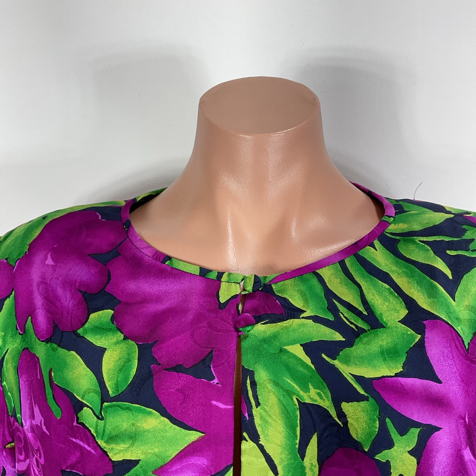 80s VTG AJ Bari Evening Dress Bright Floral Faux Wrap Ruched Puffy Sleeve 12