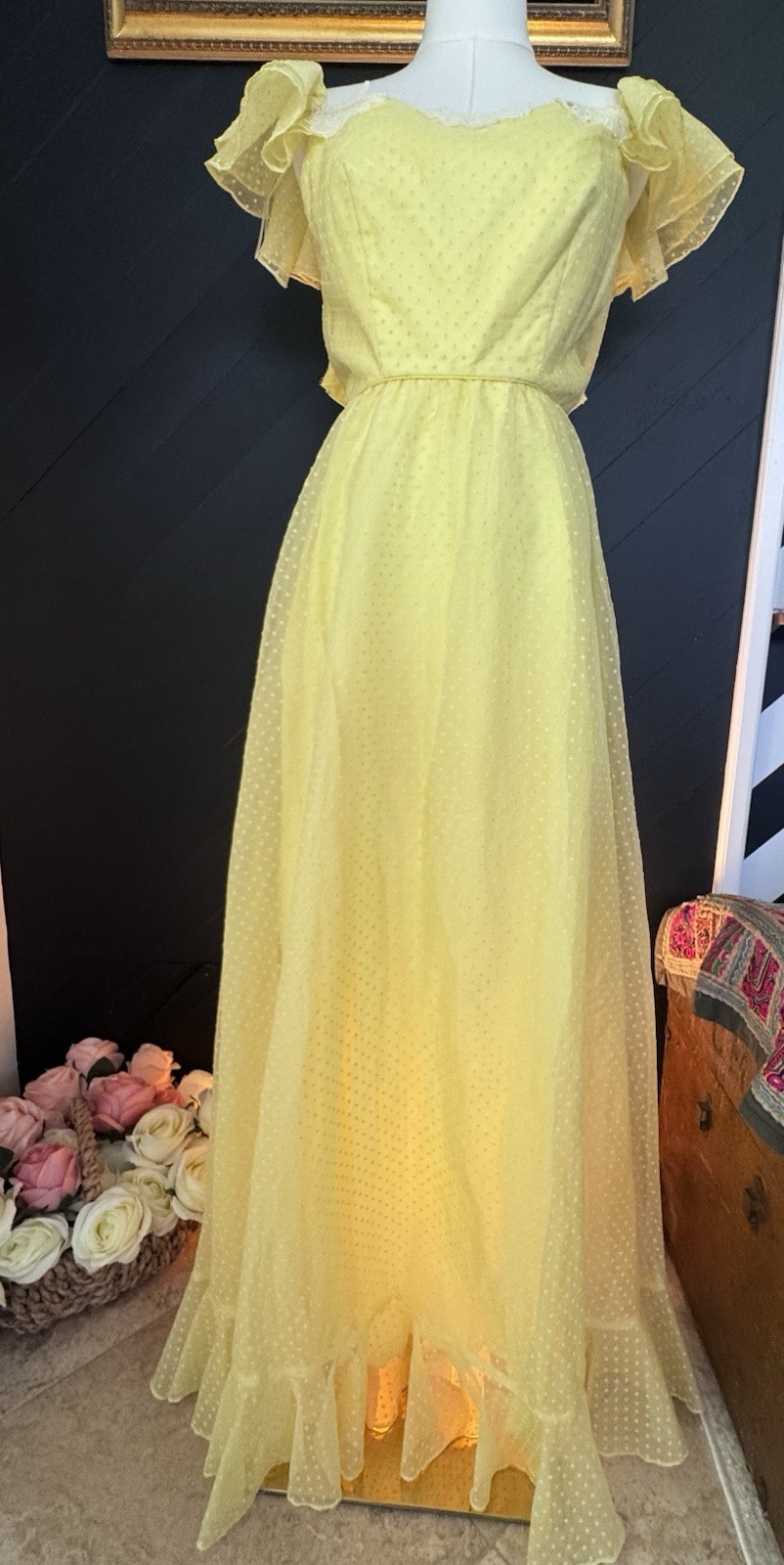 Vintage 1950s Yellow Swiss Dot Tulle Gown with Ruffle Sleeves and Lace Trim