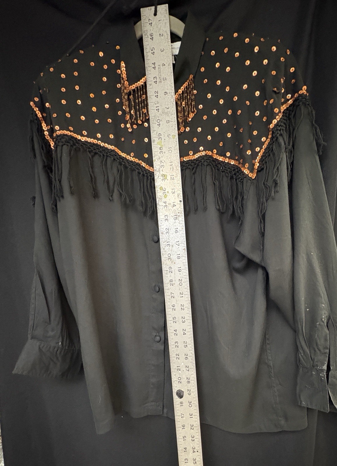 Patricia Hermann Vntg Beaded Fringe Blouse Women’s M/L Black w/Cooper Accents