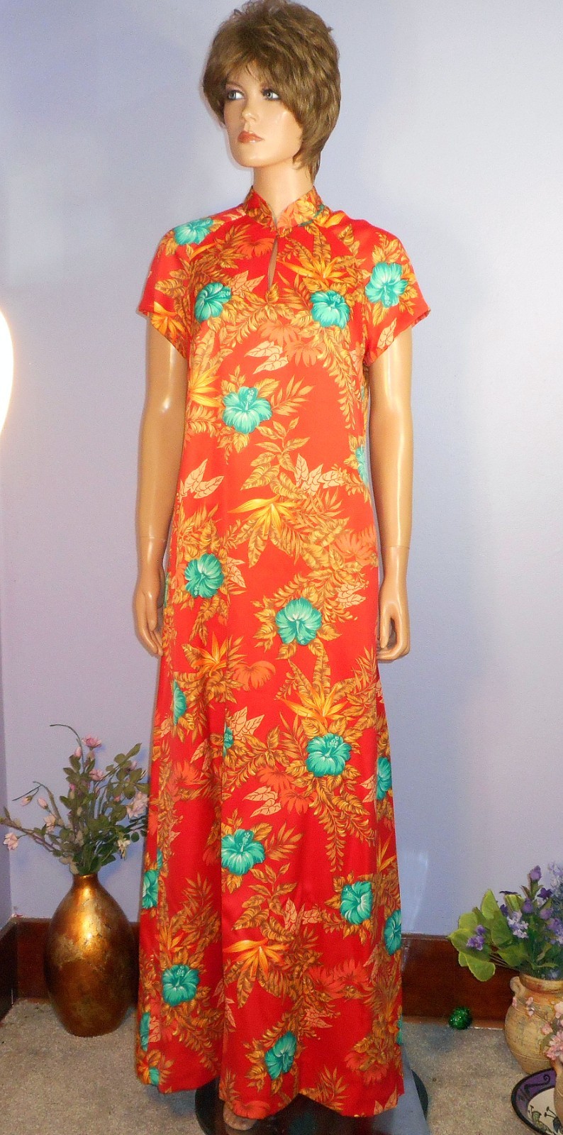 Vintage ‘70s Hilo Hattie’s Mandarin Collar A-line Hostess Gown, Orange, Mod 6/7