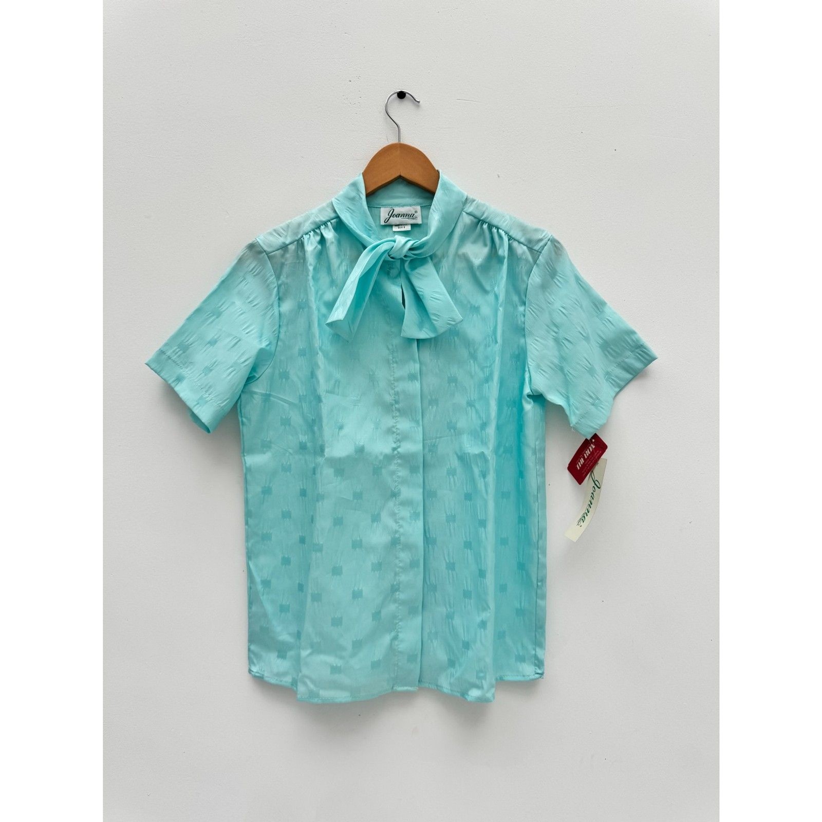 Vintage Joanna Seafoam Blue Bow Tie Secretary Blouse Short Sleeve Size M NWT