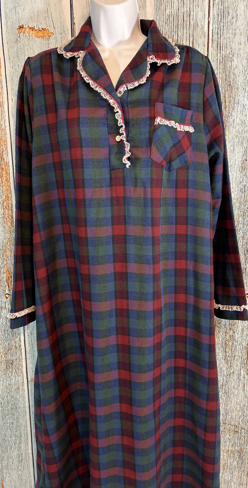 Vintage Plaid Long Nightgown Size Medium Lace Trim Full Length Brandywine
