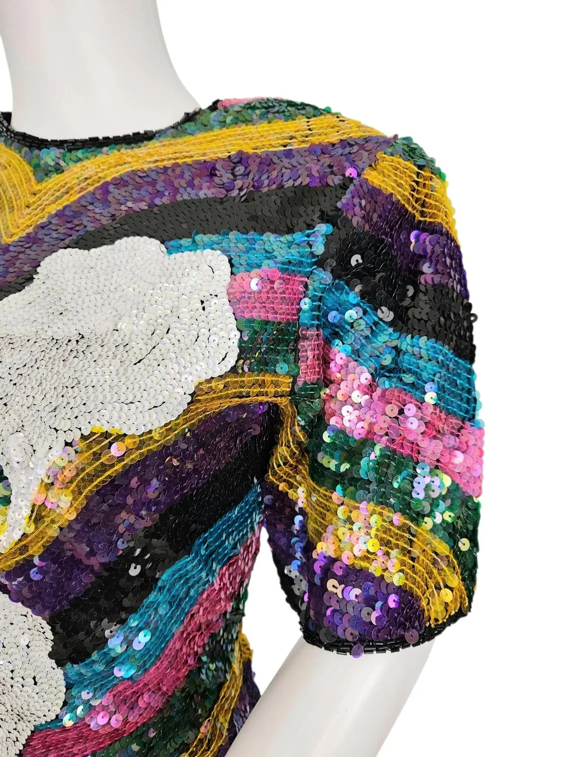 1980s Rainbow Stripe Silk Beaded Sequin Dress I Sz Med Imperial Handicrafts