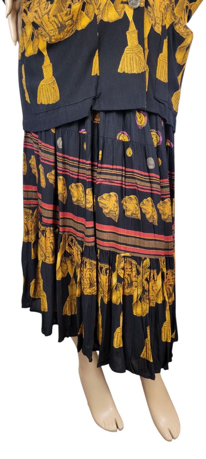 Vtg CL Carole Little Black Gold Tassel Etruscan Revival Gauze Skirt Top Set 8/10