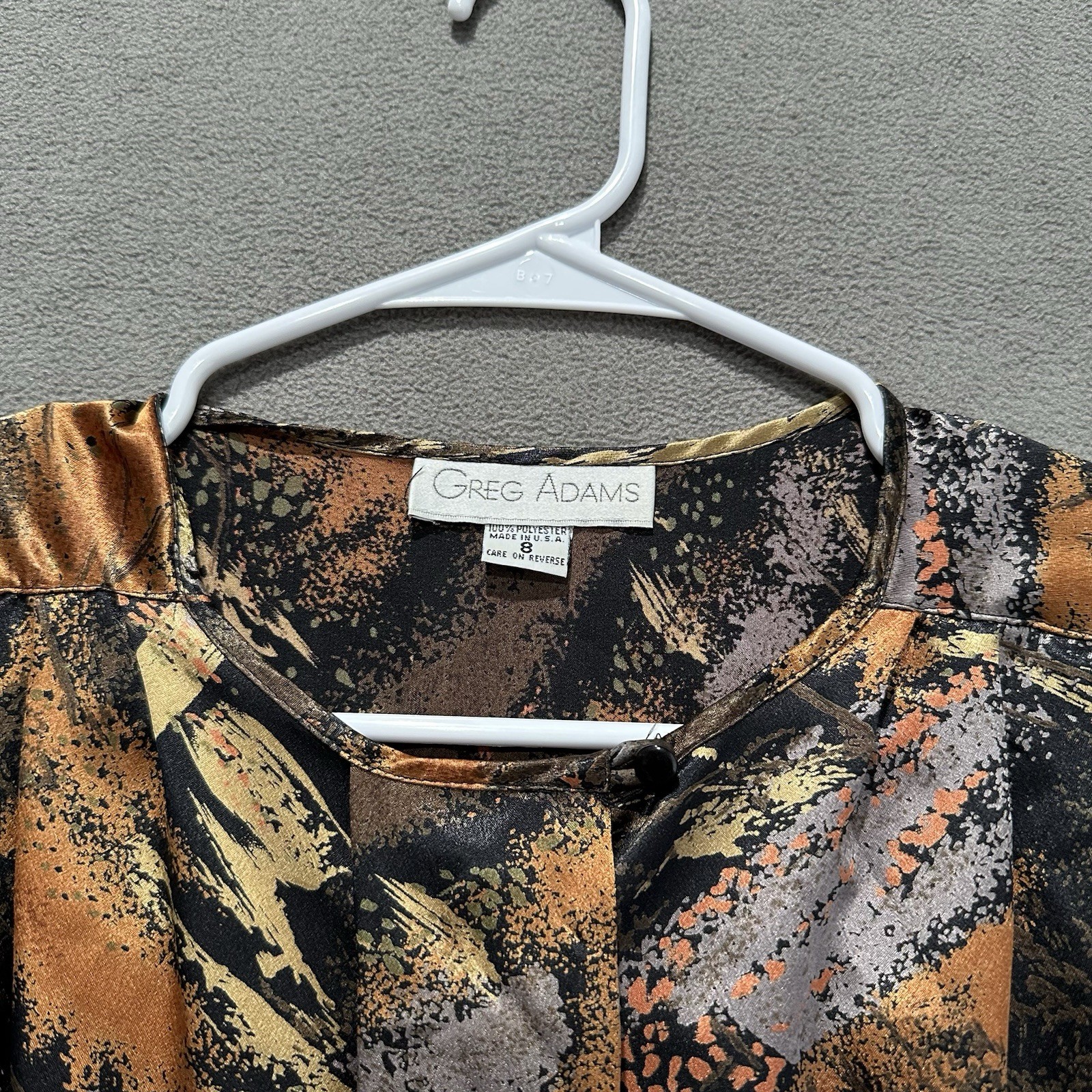 Vintage Greg Adams Top Womens 8 Bronze Black Geoemtric Abstract Button Front EUC
