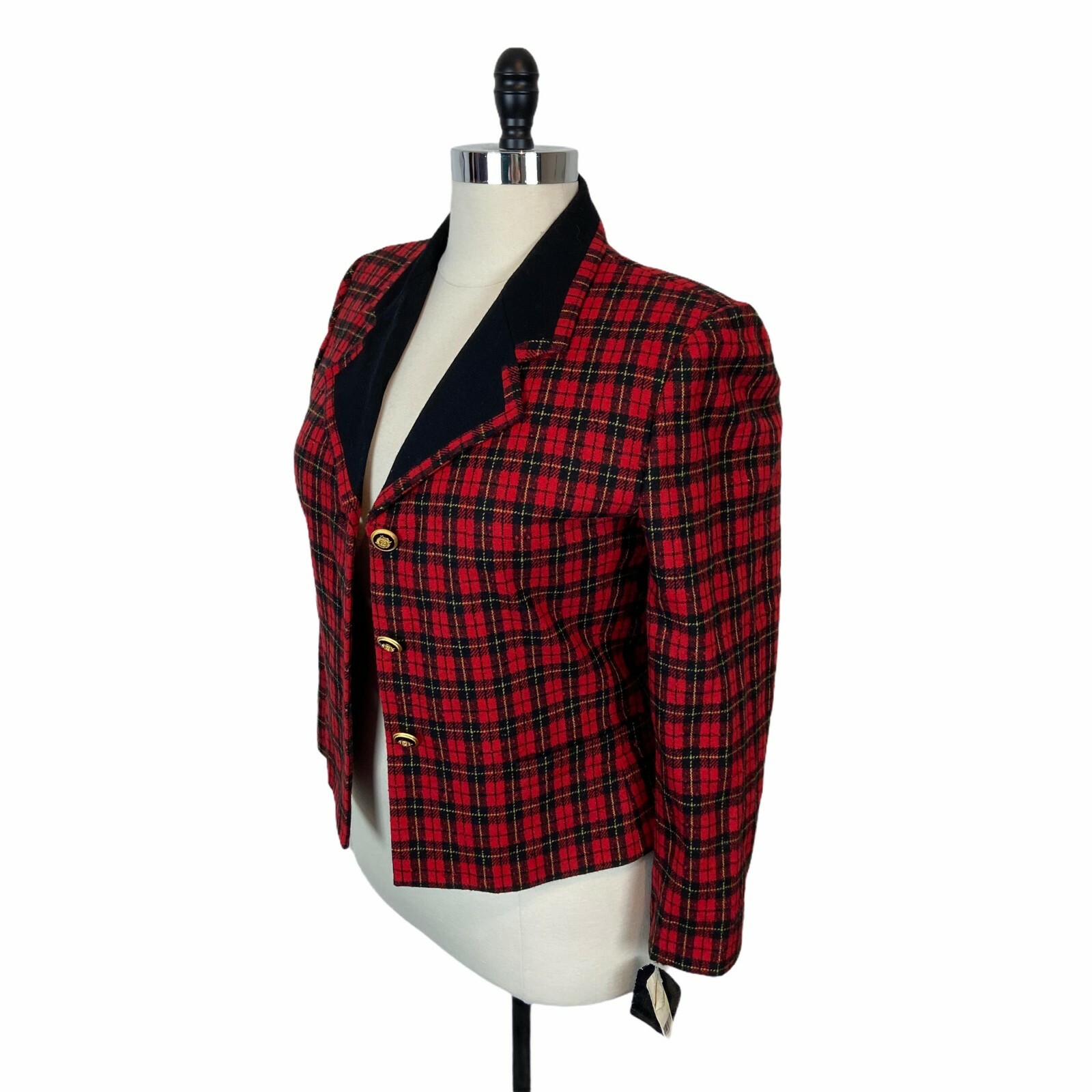 Le Suit Blazer Jacket Womens Sz 14 Red Black Plaid Long Sleeves Collared New