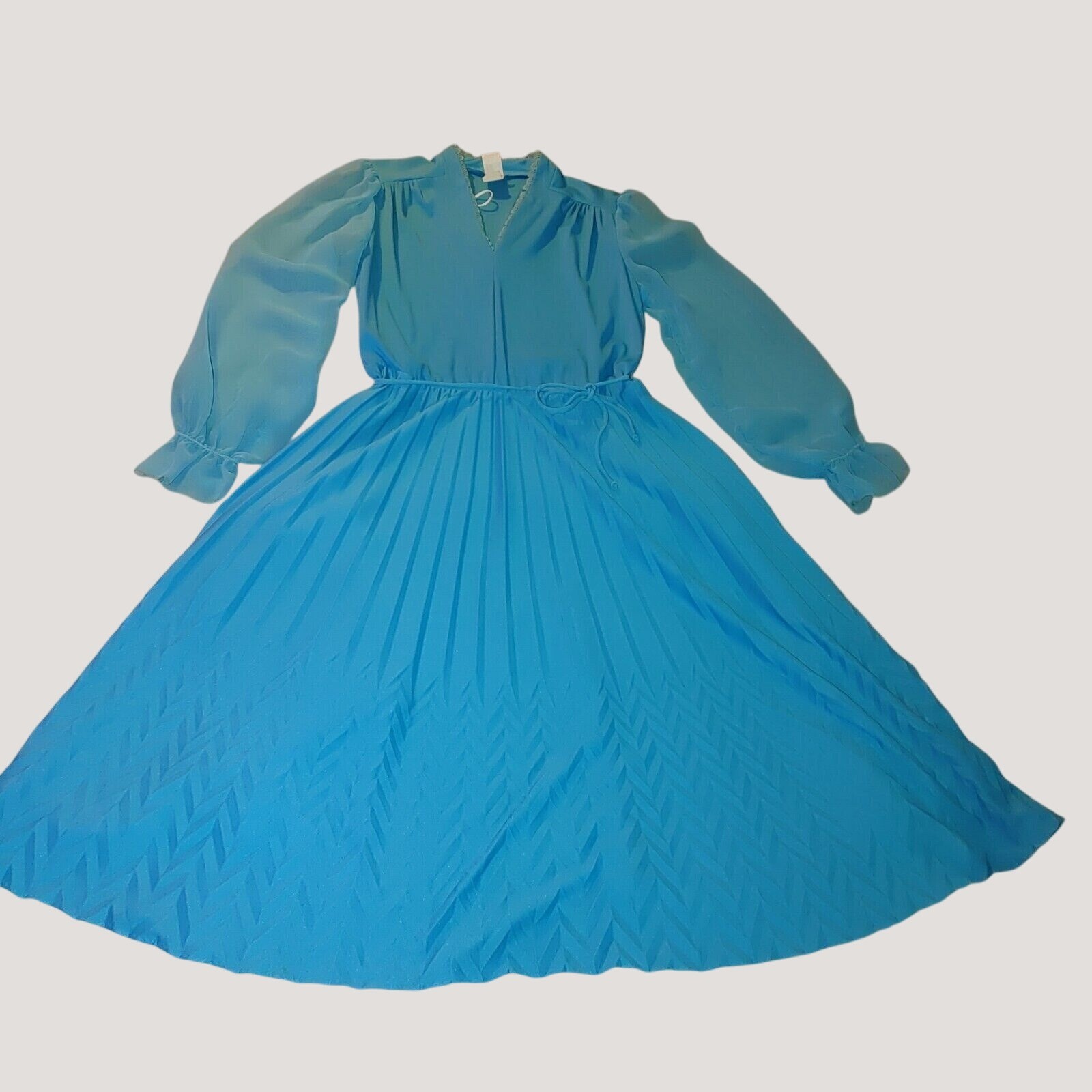 Turquoise Blue Long Sleeve Dress Sz 10 Vintage Sheer Sleeves Pleated Skirt Retro