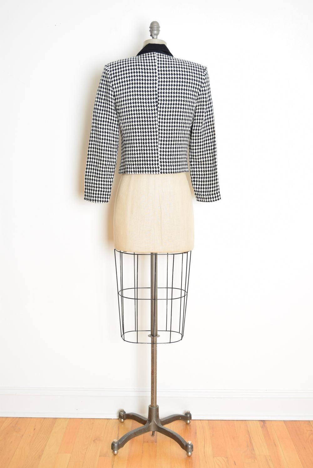 vintage 90s blazer black white diamond check cropped jacket top preppy S