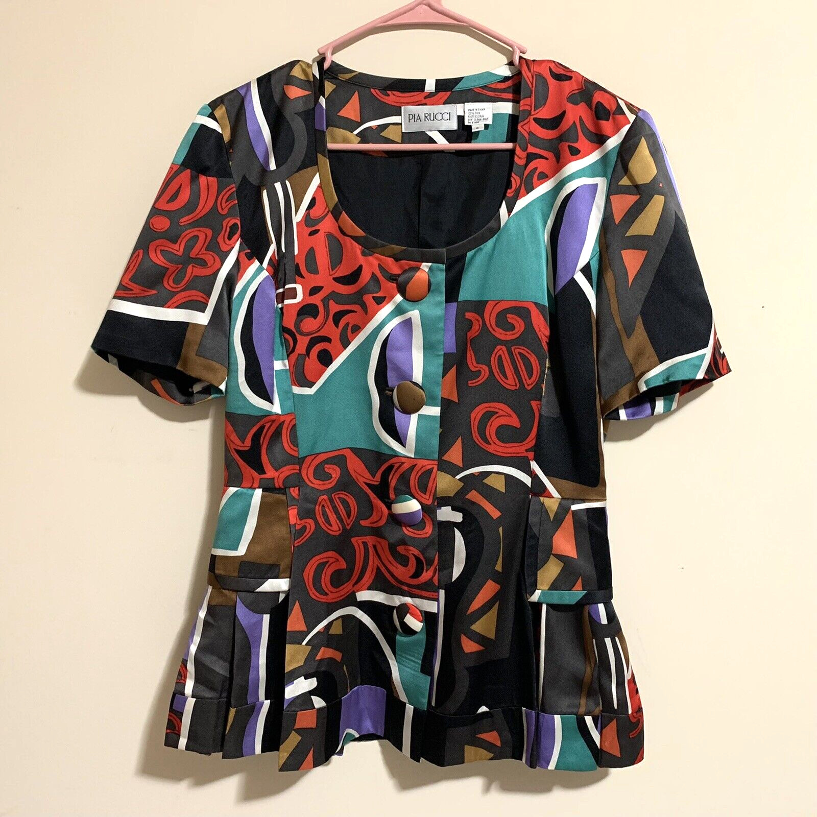 Vintage Pia Rucci Size 6 100% Silk 80s 90s Patchwork Design Button Down Blouse