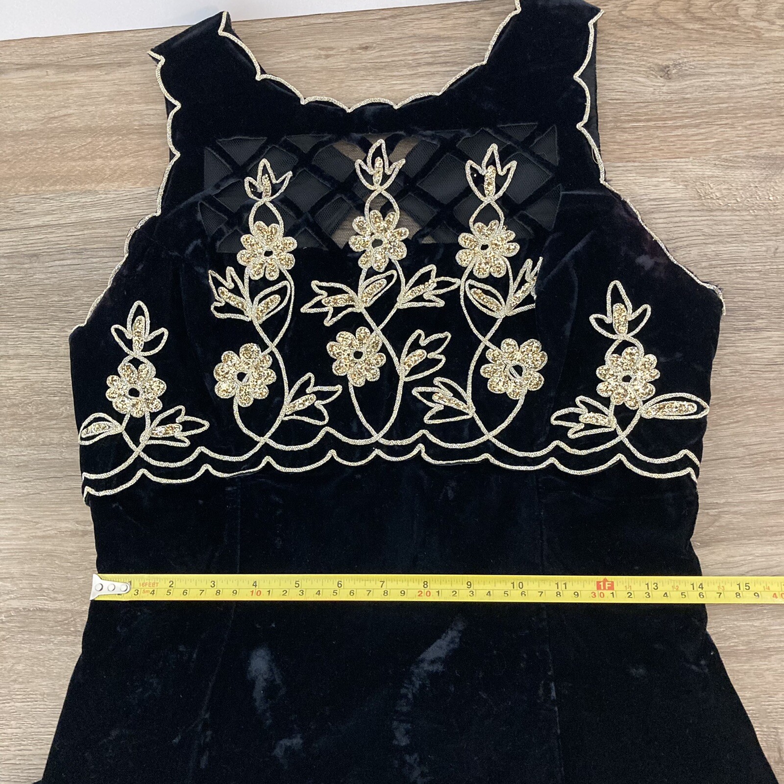 Vtg Scott McClintock Womens Formal Dress 6P Maxi Black Velvet Retro Glam Gold