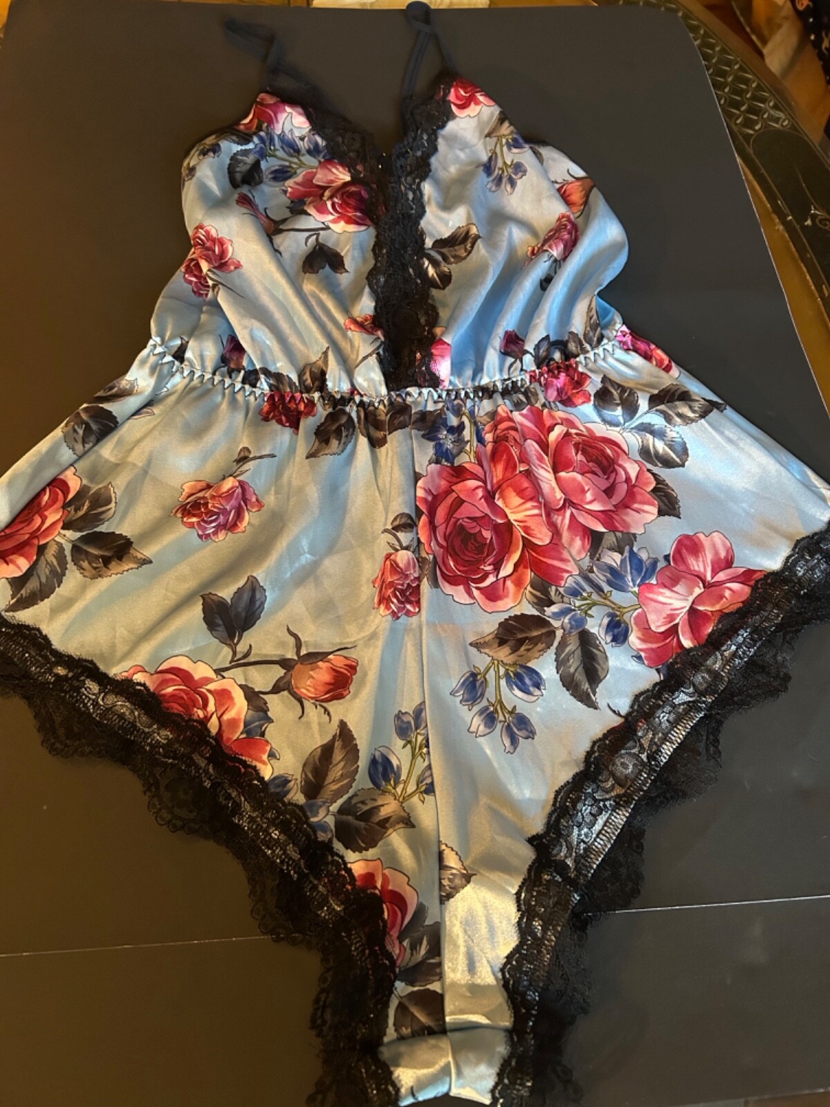 Glossy Satin Blue Floral Shiny Bodysuit TEDDY PLAYSUIT Romper Lingerie Cami M