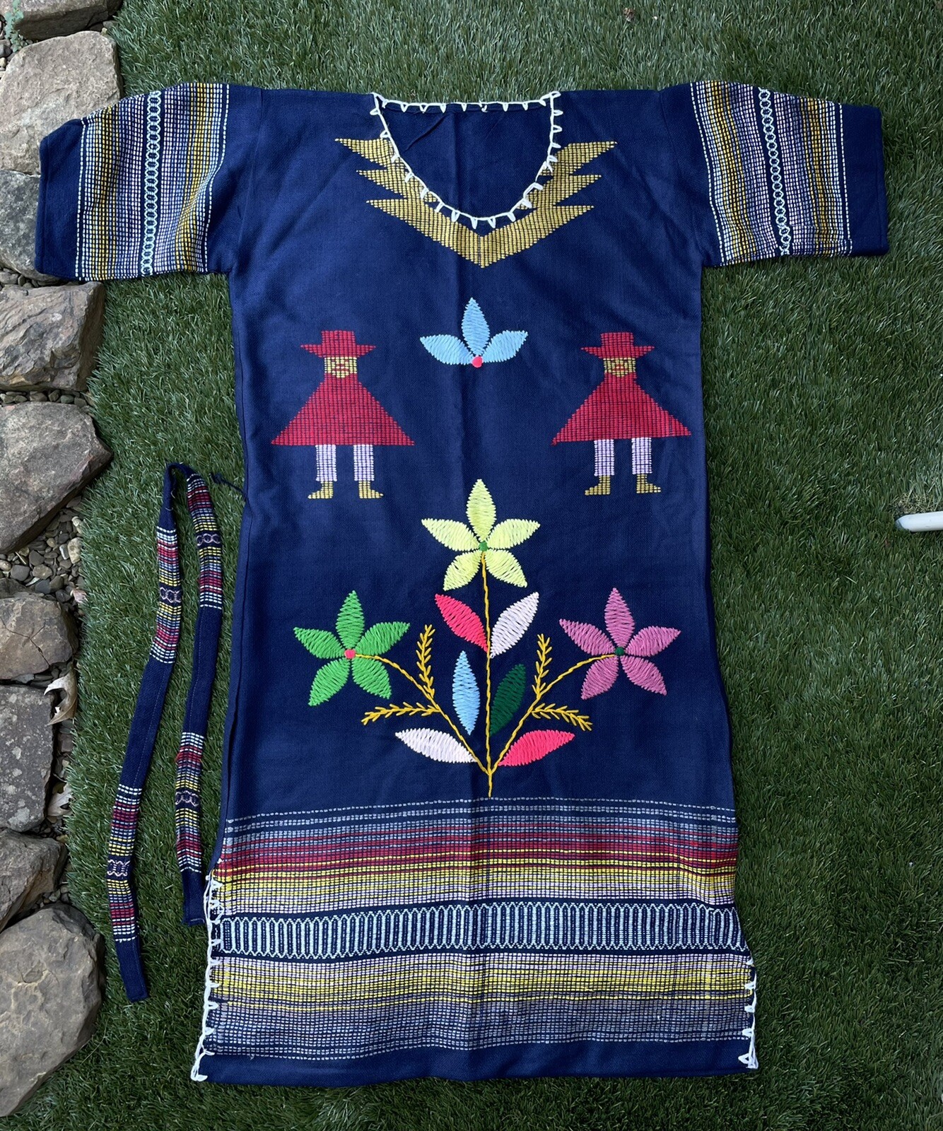 ✅Vtg 1980s Peru Ecuador Bolivia South America M/L Blue Colorful Hand Woven Dress