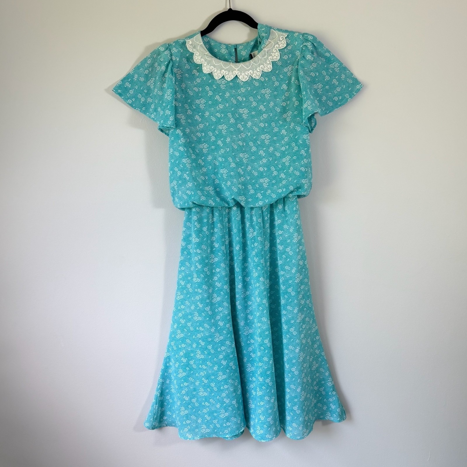 Vintage 80s Midi Dress Carriage Court Aqua Prairie Lace Collar Cottagecore S/M