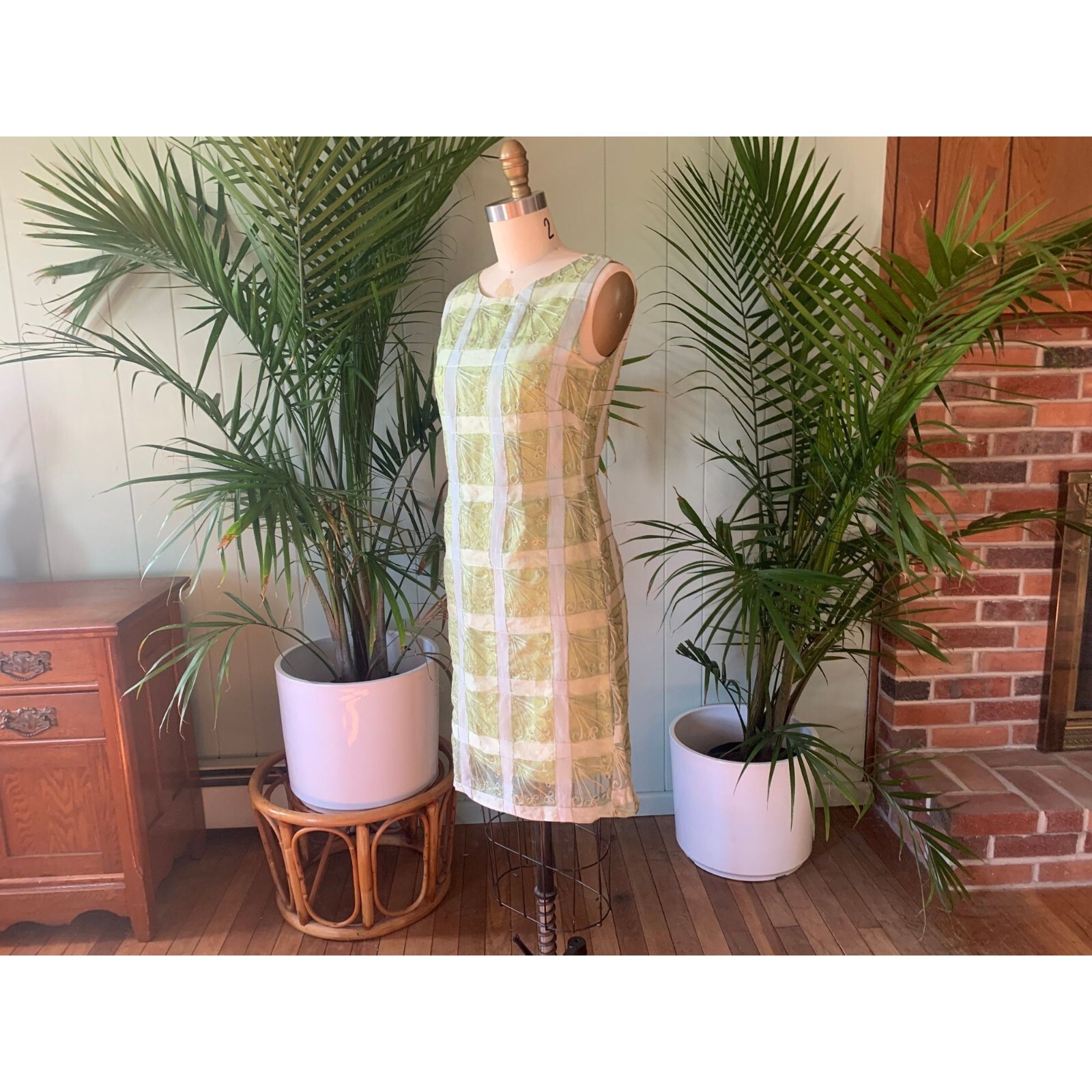 Vintage 1960s Chartreuse Green Silk Sheer Embroidered Organza Sheath Dress