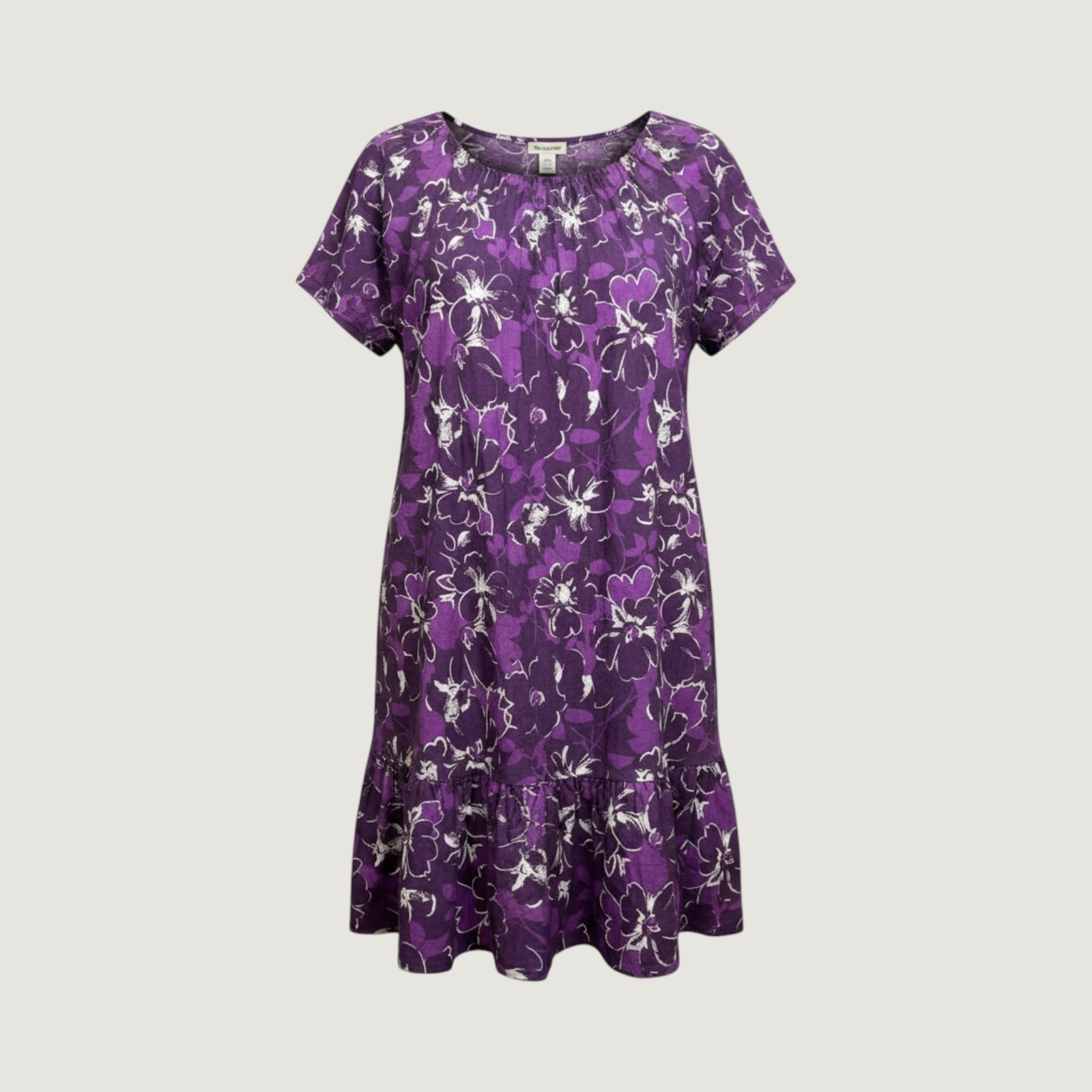 Vintage 90s Purple Cotton Blend Floral Shift Dress Ruffle Hem Large