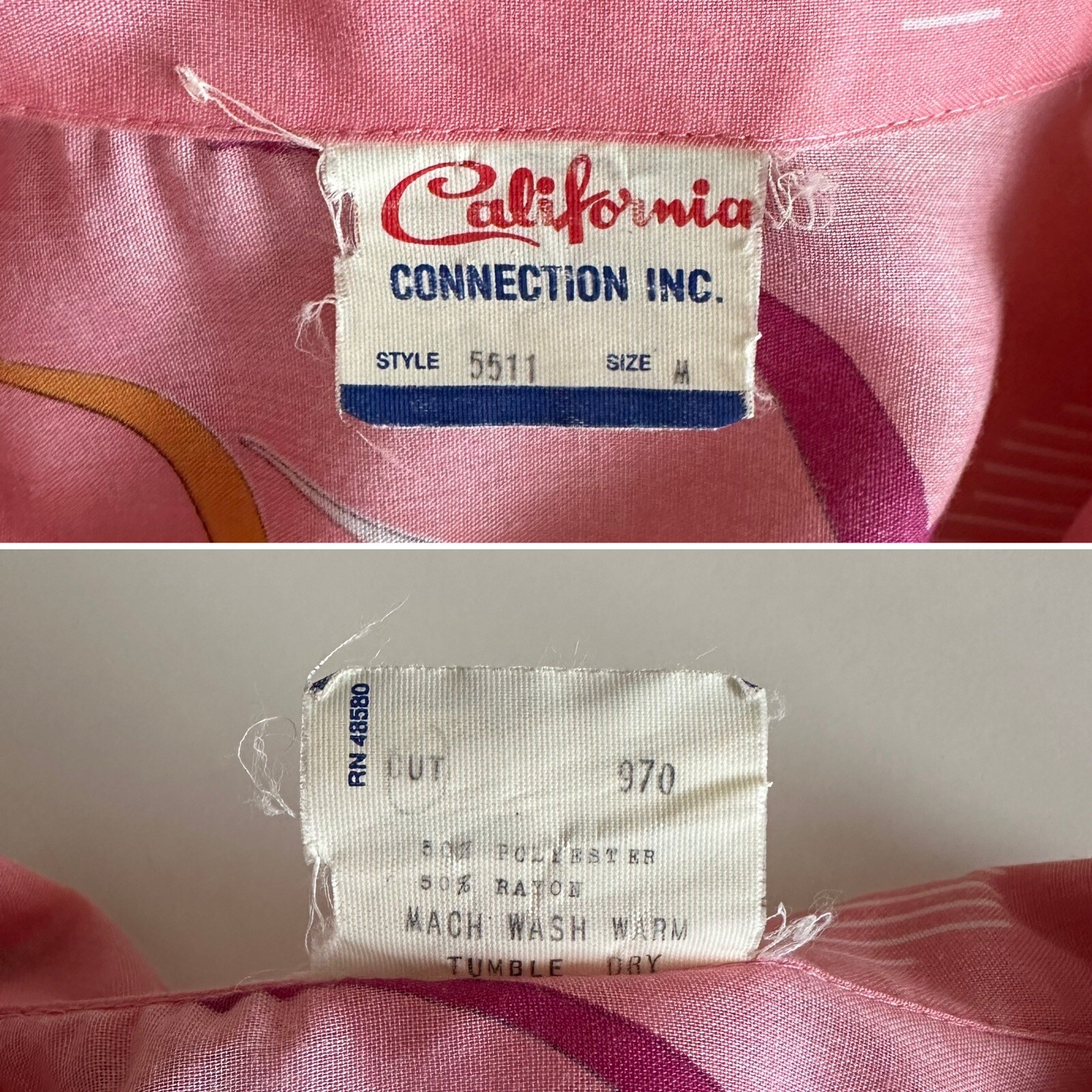 1980s California Connection Tropical Rayon Blouse Pink Bird Print Made USA VTG
