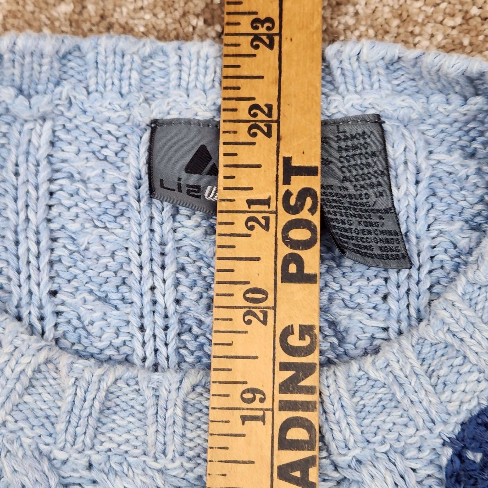 Lizwear Vintage Light Blue Cable Knit Crochet Patchwork Sweater Womens Large L