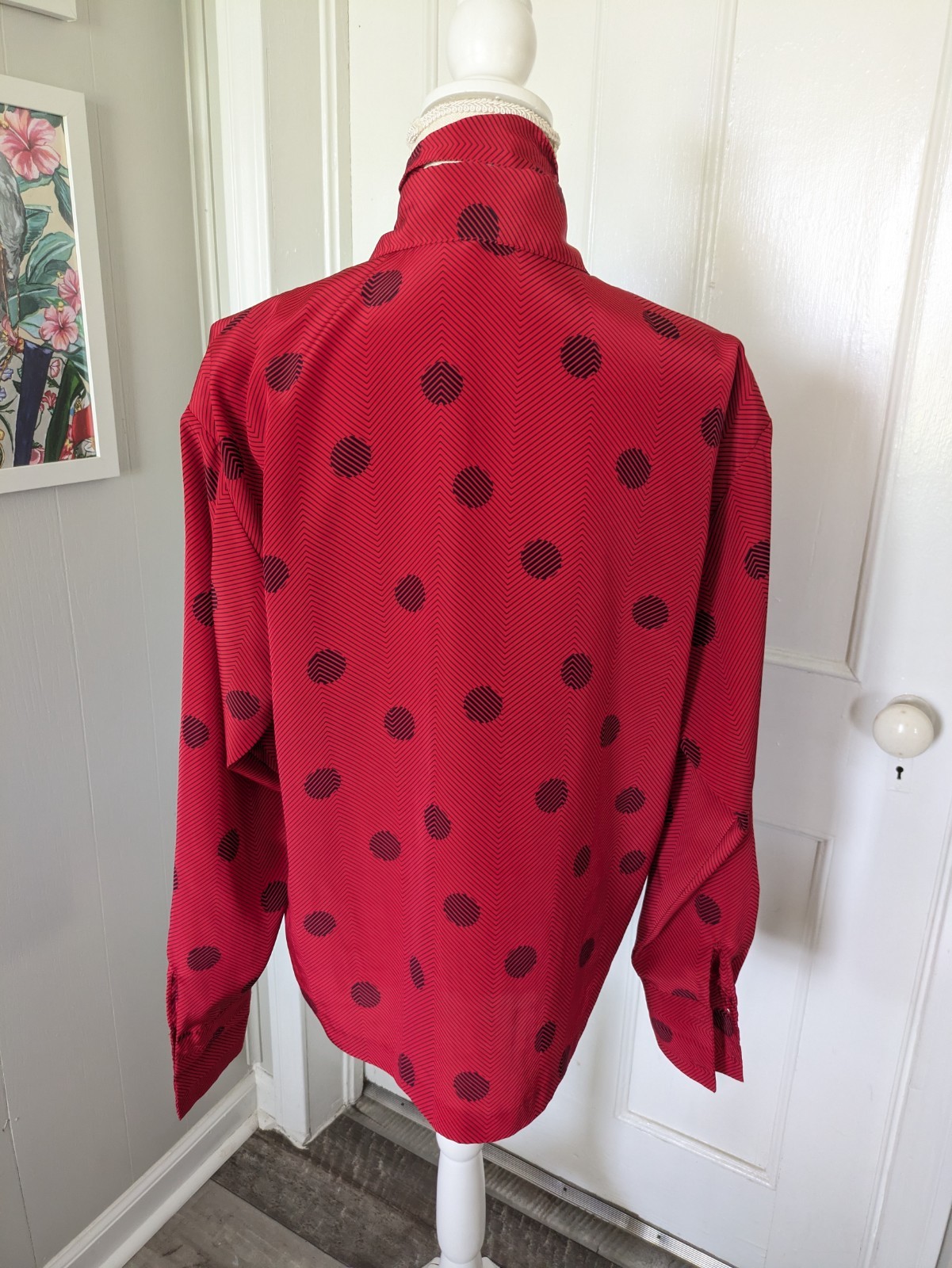Vintage Jantzen Red Black Polka Dot Tie Neck Secretary Blouse Retro Chic 70’s