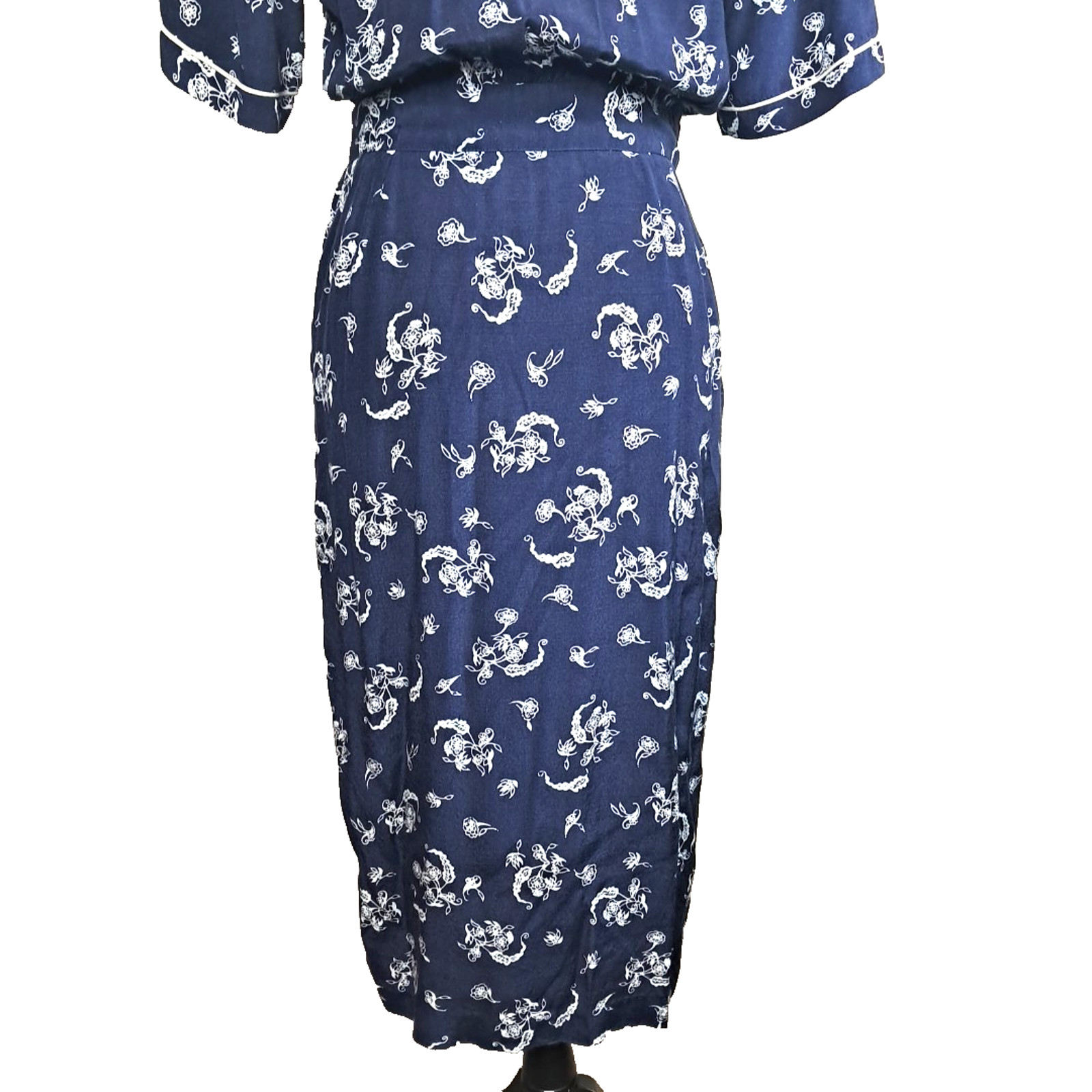 90’s Karen Stevens Floral Lace Collar Pencil Midi Dress Size 6 Blue Cottagecore