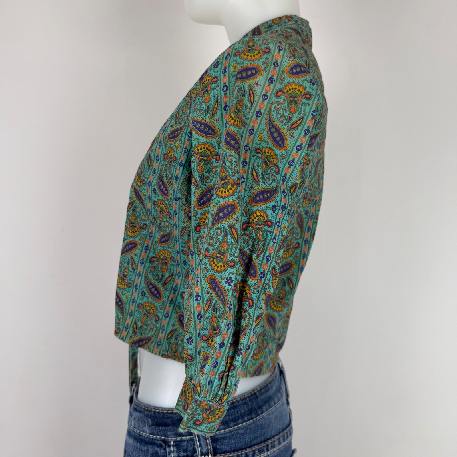50s 60s Crop Top Teal Paisley 3/4 Sleeve Tie Hem Sz 32 DISTRESSED AS IS