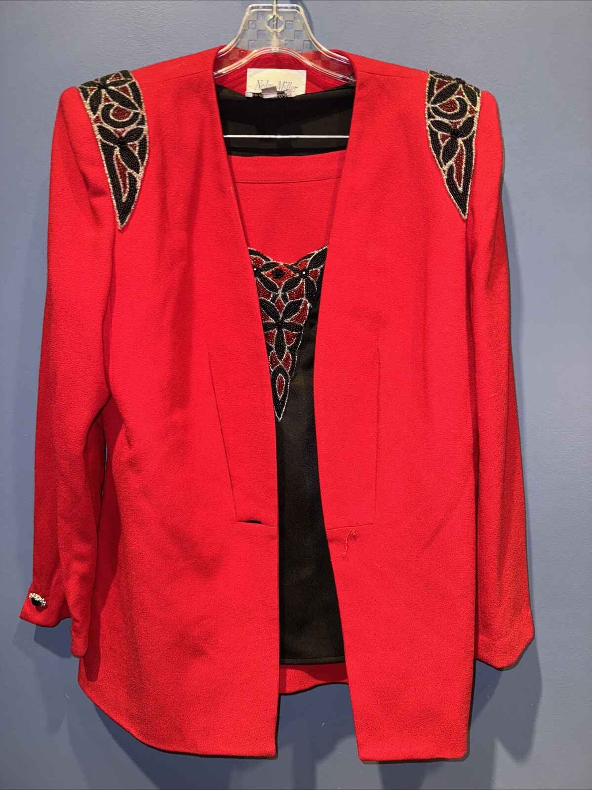 Womens 12 Red Wool Skirt Suit Three Piece Hand Beaded Vintage Nolan Miller