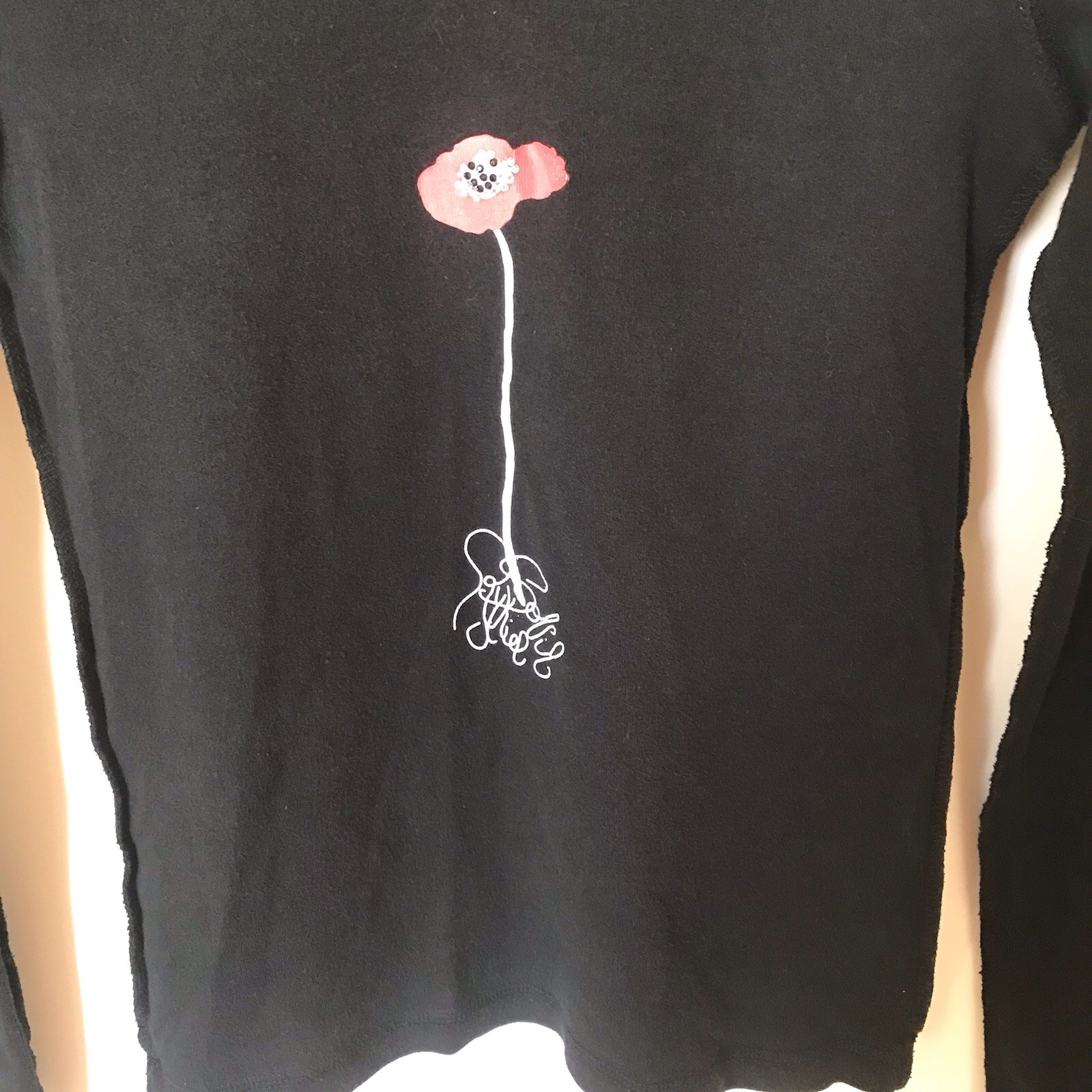 Vintage Sonia Rykiel Black Knit T-Shirt Top Small Embellished Poppy Flower Y2K