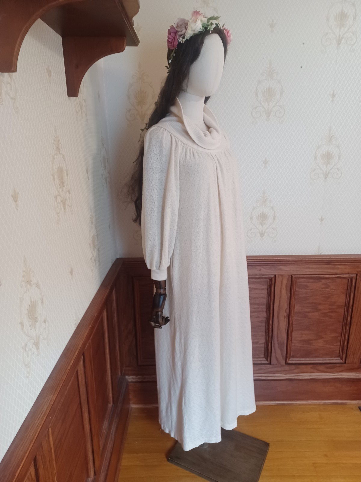 Vintage 1970s R. Michael Allen Ivory Boho Prairie Cowl Neck Knit Hostess Dress