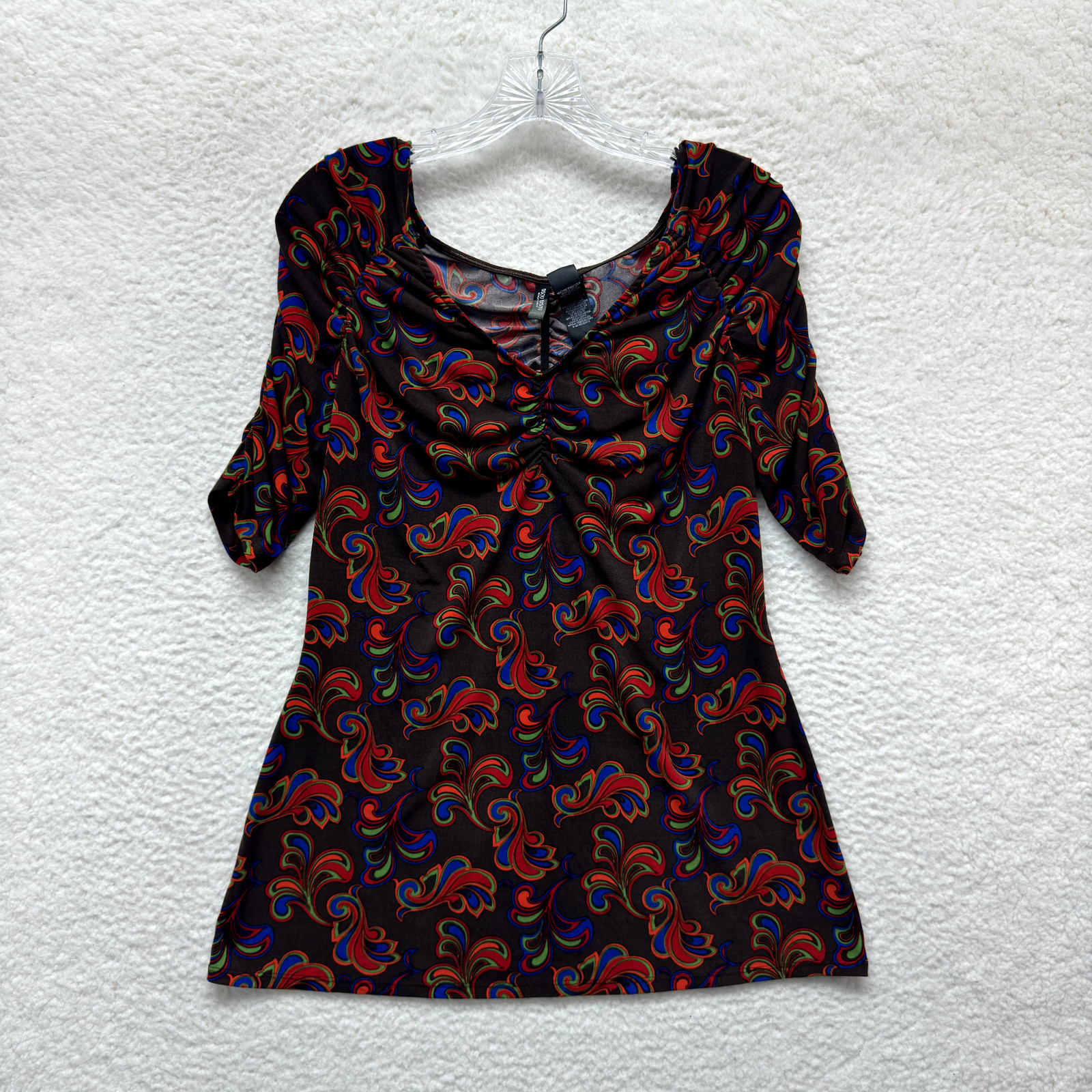 Y2K Vintage Bisou Bisou Boho Grunge Top L Large Brown Pattern Slinky Stretch