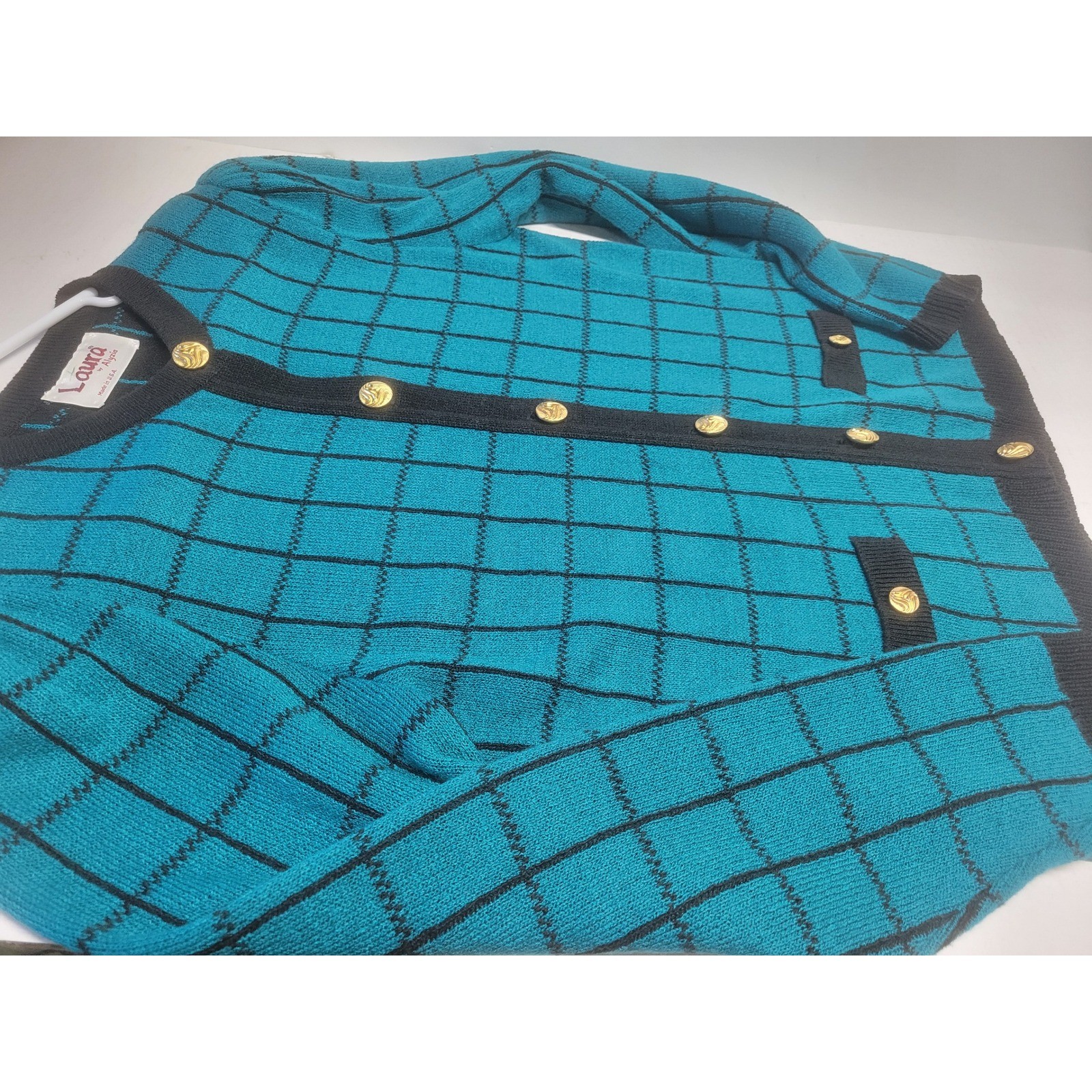 Vintage Laura by Alyzia Teal Black Grid Cardigan Sweater Gold Buttons USA Made