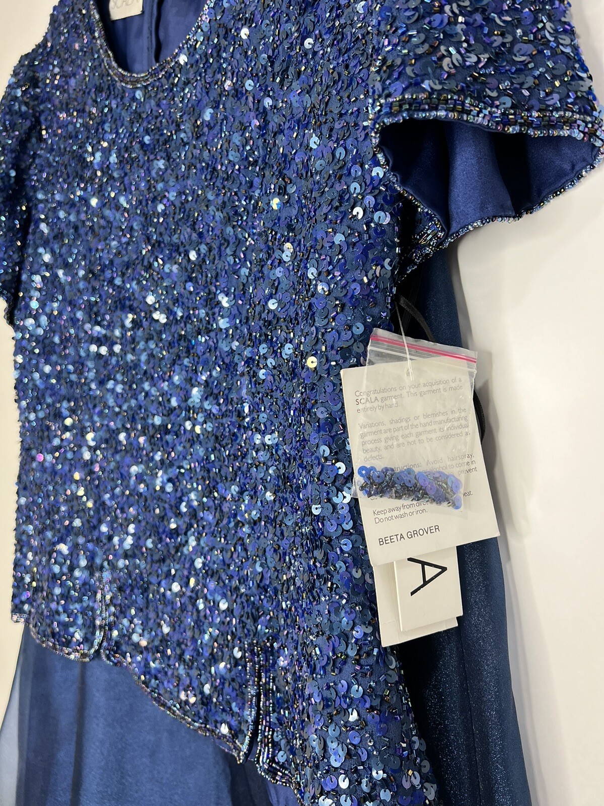 Vtg Scala Set Silk Sequin Beaded Top Organza Maxi Skirt Blue Formal Mother NWT