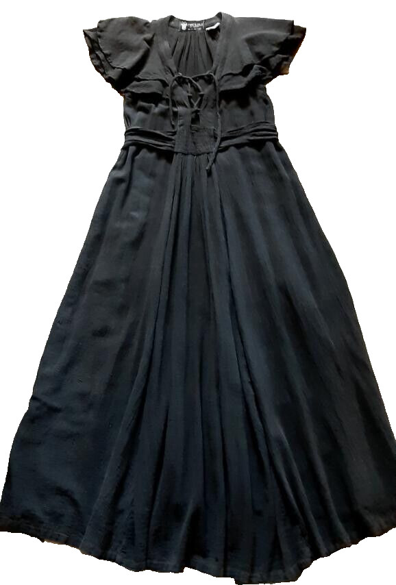 Vintage RADLEY London Black Maxi Sexy Cotton Dress Wing Sleeves Size 12-36″/91cm