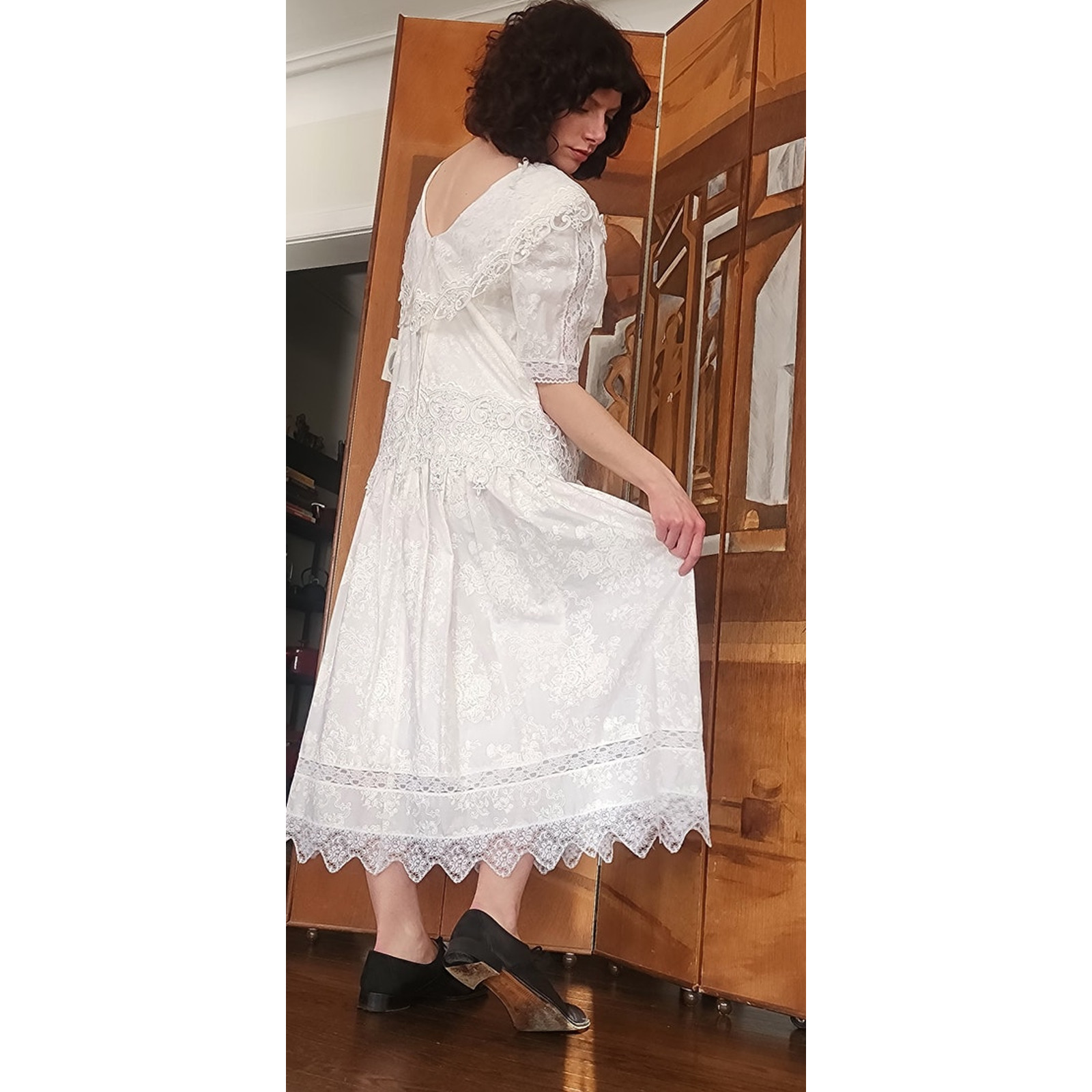 Vintage 1980s Scott McClintock White Lace Dress Drop Waist Puffed Sleeves NWT