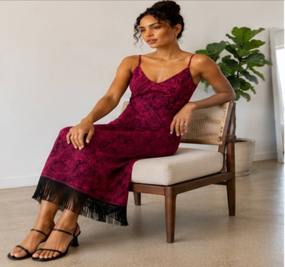 Vintage 90s Dawn Joy Velvet Paisley Slip Dress Asymmetric Fringe Whimsigoth 3/4