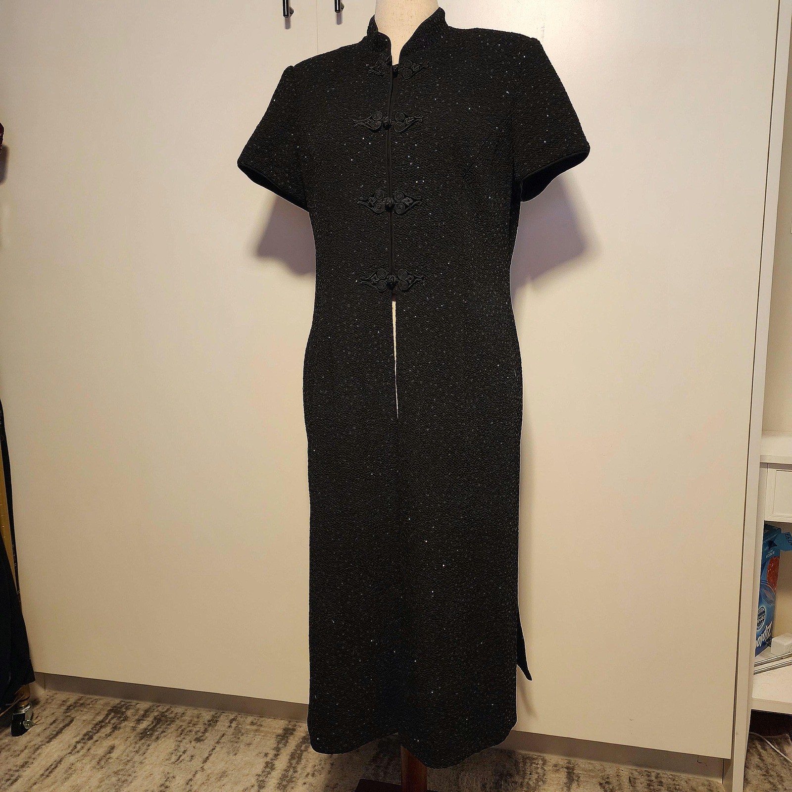 R&M Richards Karen Kwong Vintage Black Sparkling Dress Jacket Frog Closure 16