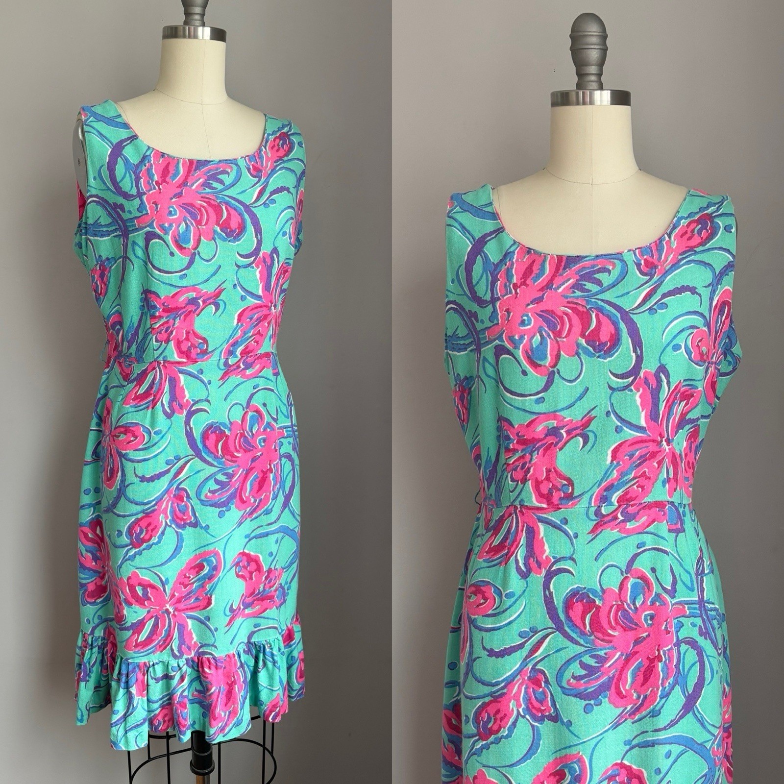 Mod Vintage 1960’s Retro Aqua w/ Hot Pink Floral Print Ruffled Hem Sun Dress M