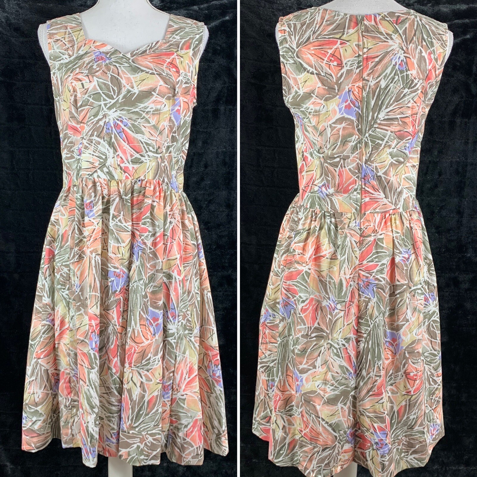 Vintage Dress Handmade Size Medium Fit & Flare Floral Knee Length Tank Zip Back