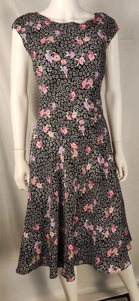 Vintage 90’s Midi Dress Black w/ Pink Floral Cottagecore Garden Party Size10