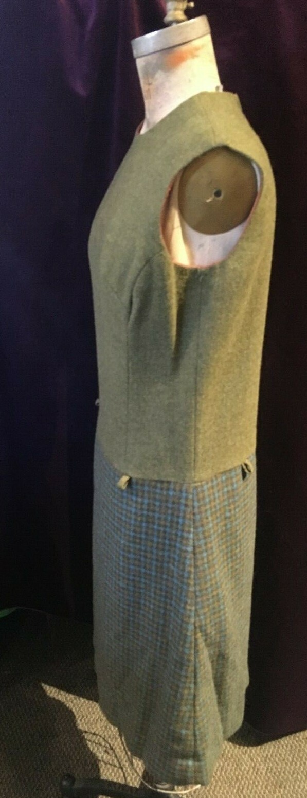 Vintage 1970s Olive Green Wool Shift Dress with Patterned Skirt