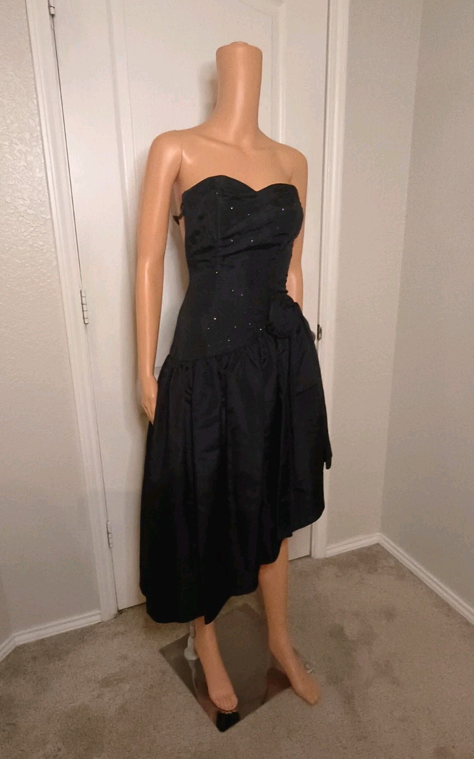 Vintage 80’s Black Glam Party Dress Size XS Formal Dance Goth Assymmetric -DP14