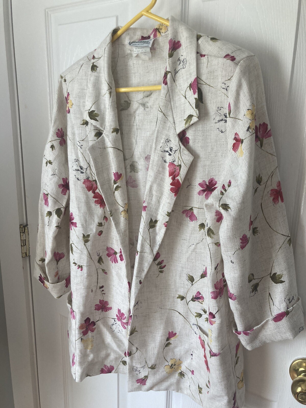 M Scattered Floral Textured Weave Vtg 80s V-neck Pocket Blazer 3/4 Sleeve Jacket