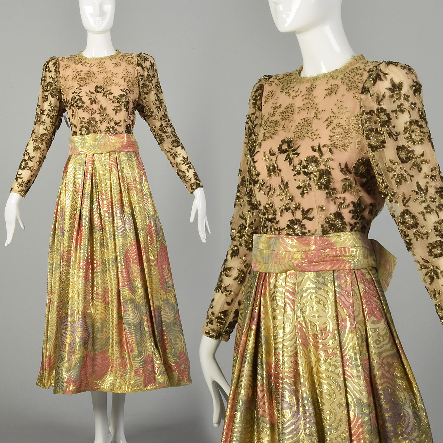 Large 1980s Richilene Evening Dress Sequin Lace Lame’ Long Sleeve Modest VTG