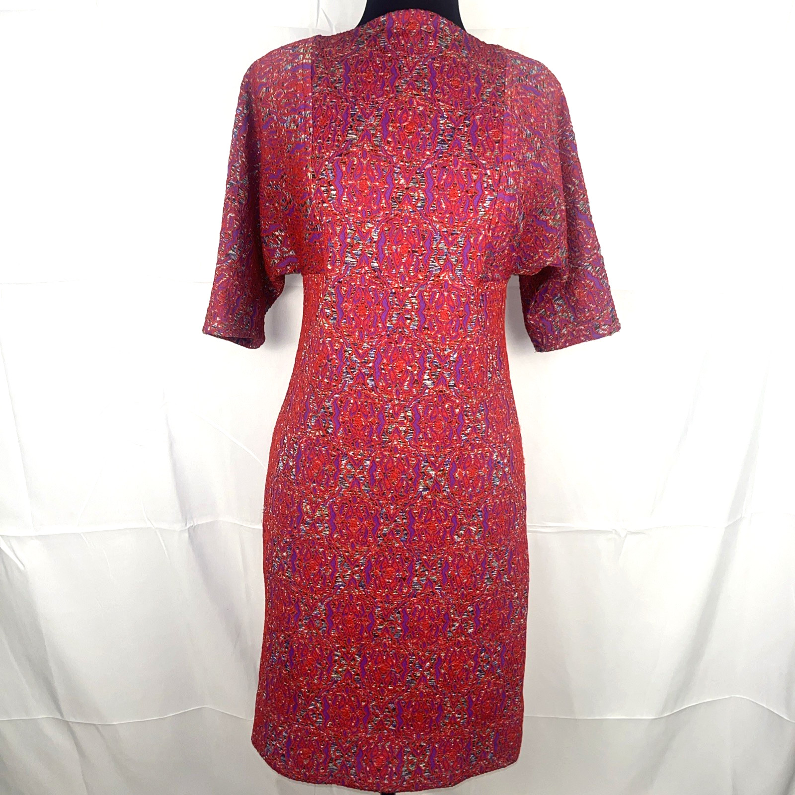 VTG 1960s Mod Dress Handmade Red Purple Abstract Retro Short Sleeve Midi Length